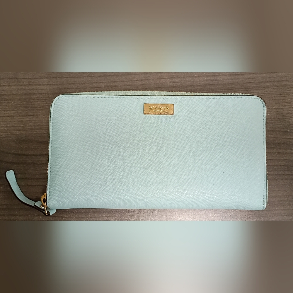 Kate Spade Large Zip Around Soft Blue Wallet with Gold Accents Pristine!!